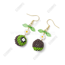 Kiwi Glass Seed Beaded Dangle Earrings, with Acrylic Leaf and lampwork Flower, Golden, Golden, 55x15.5mm(EJEW-FS00062)
