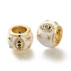 Rack Plating Brass Micro Pave Cubic Zirconia European Beads, with Enamel, Large Hole Beads, Lead Free & Cadmium Free, Real 18K Gold Plated, Barrel with Evil Eye, White, 14x10mm, Hole: 7.5mm(KK-Z086-28G-01)