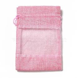 Linen Pouches, Drawstring Bags, with Organza Windows, Rectangle, Pearl Pink, 14x10x0.5cm(ABAG-I009-02F)