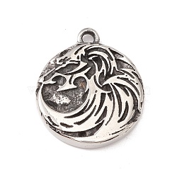 304 Stainless Steel Pendant, Flat Round, Antique Silver, 24x21x3mm, Hole: 2mm(STAS-E158-36AS)
