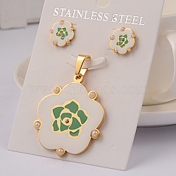 Enamel Flower 304 Stainless Steel Pendants & Stud Earrings Jewelry Sets, with Acrylic Pearl Beads and Rhinestone, Golden, 38x33x2.5mm, Hole: 9x5mm, 12x2mm, Pin: 0.8mm(SJEW-F047-24)