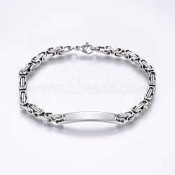 Tarnish Resistant 201 Stainless Steel ID Bracelets, Byzantine Chain, with Lobster Claw Clasps, Stainless Steel Color, 8-1/4 inch(21cm), 4mm(BJEW-F331-07P)