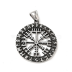 304 Stainless Steel Manual Polishing Pendants, Flat Round with Vegvisir Charms, Antique Silver, 40x36x2.5mm, Hole: 4x7.5mm(STAS-G280-10AS)
