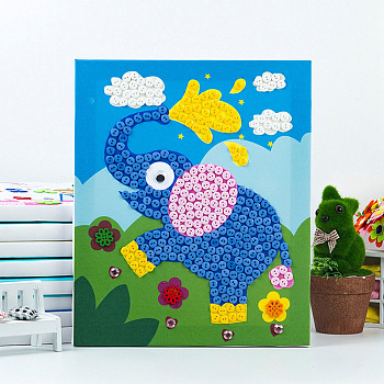 Creative DIY Elephant Pattern Resin Button Art, with Canvas Painting Paper and Wood Frame, Educational Craft Painting Sticky Toys for Kids, Blue, 30x25x1.3cm