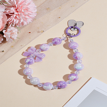 Bowknot Acrylic Beaded Mobile Straps, with Zinc Alloy Cell Phone Heart Holder Stand, Medium Orchid, 315mm