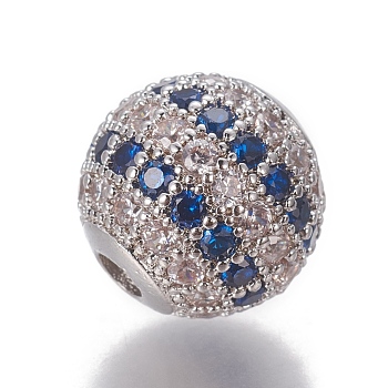 Brass Cubic Zirconia Beads, Round, Blue, Platinum, 10x9.5mm, Hole: 2.5mm