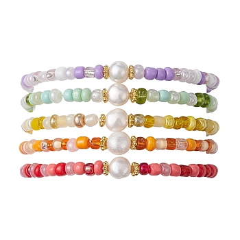 Grass Seed & Natural Pearl Beaded Stretch Bracelets for Women, Mixed Color, Inner Diameter: 2-1/4 inch(5.7cm)