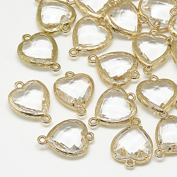Glass Links connectors, with Golden Tone Brass Findings, Faceted, Heart, Clear, 16x11.5x4.5mm, Hole: 1mm