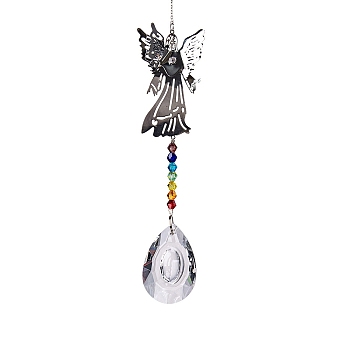 Glass Teardrop Pendant Decorations, with Metal Angel Link, Hanging Suncatchers Garden Decorations, Colorful, 350mm