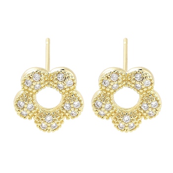 Brass Micro Pave Clear Cubic Zirconia Stud Earrings for Women, Flower, Real 18K Gold Plated, 11x11.5mm