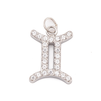 316 Stainless Steel Micro Pave Cubic Zirconia Pendants, with Jump Rings, Stainless Steel Color, 12 Constellation Charm, Stainless Steel Color, Gemini, 12.5x9.5x2mm, Hole: 2.5mm