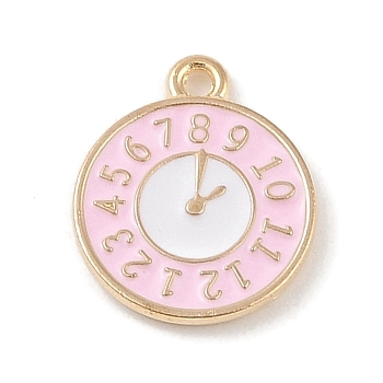 Alloy Enamel Pendants, Light Gold, Clock Charm, Pink, 16x13.5x1.5mm, Hole: 1.5mm