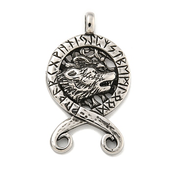 316 Surgical Stainless Steel Pendants, Wolf Head with Rune Charm, Antique Silver, 42.5x24.8x6.5mm, Hole: 5.3X4.5mm