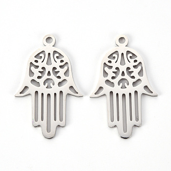 Non-Tarnish 201 Stainless Steel Pendants, Laser Cut, Hamsa Hand/Hand of Fatima/Hand of Miriam, Stainless Steel Color, 31x19.5x1mm, Hole: 1.8mm