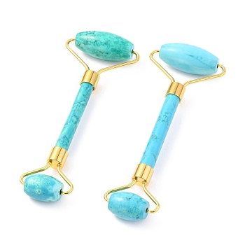 Natural Turquoise Brass Face Massager, Facial Rollers, Golden, 142~150x54~58x19~22mm