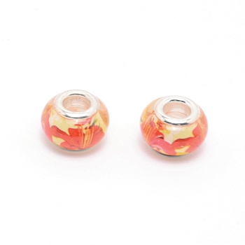 Resin European Beads, Large Hole Beads, with Platinum Color Alloy Cores, Rondelle, Tomato, 13.5x9mm, Hole: 5mm