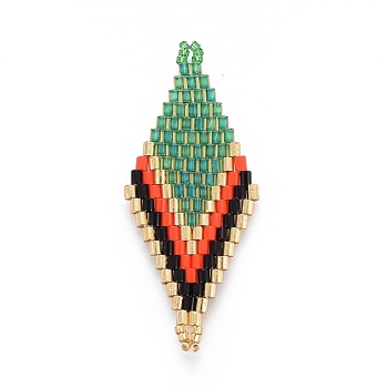 MIYUKI & TOHO Handmade Japanese Seed Beads Links, Loom Pattern, Rhombus, Green, 44.6~45.2x17.8~18.6x1.6~1.7mm, Hole: 1.4~1.6mm