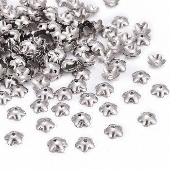 5-Petal Flower Smooth Surface 304 Stainless Steel Bead Caps, Stainless Steel Color, 5.5x6x2mm, Hole: 0.5mm