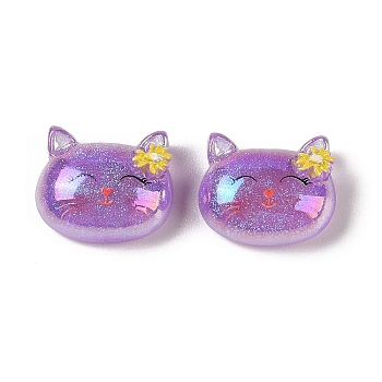 Glitter Plated Animal Resin Cabochons, Cat Shape, Medium Purple, 16x19.5x9mm