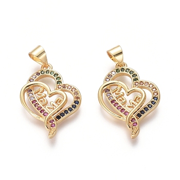 Golden Plated Brass Pendants, with Cubic Zirconia, Heart with Word Mama, for Mother's Day, Colorful, 23x18x3mm, Hole: 3.5x5mm