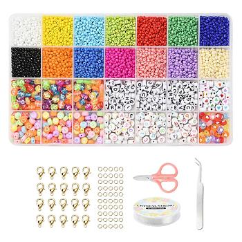 DIY Jewelry Making Kits, Including Round Glass Seed Beads, Flat Round Acrylic Beads, Elastic Crystal Thread, Tweezers, Scissors, Alloy Clasps and Iron Rings, Mixed Color, Beads: 3~3.5mmx2~3mm, Hole: 1~1.2mm, 7x3~4mm, Hole: 1.5~2mm, 4200pcs/set