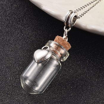 Glass Bottle European Dangle Charms, with Alloy Heart Charm and Iron Findings, Wooden Bungs, Antique Silver, 34x13mm, Hole: 4.5mm, Capacity: 3.5ml(0.11 fl. oz)