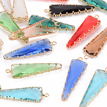 Glass Pendants, with Golden Tone Brass Findings, Faceted, Triangle, Mixed Color, 41.5x12.5x5mm, Hole: 2mm