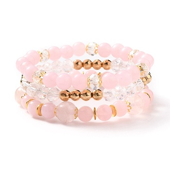 Multi-layered Stretch Beaded Bracelets Sets, Stackable Bracelets, with Natural Rose Quartz Beads, Imitation Gemstone Acrylic Beads, Glass Beads, Non-magnetic Synthetic Hematite Beads and CCB Plastic Beads, Round, Inner Diameter: 2 inch(5.2cm), 3pcs/set