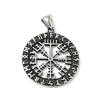 304 Stainless Steel Manual Polishing Pendants, Flat Round with Vegvisir Charms, Antique Silver, 40x36x2.5mm, Hole: 4x7.5mm