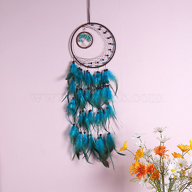 Iron & Synthetic Turquoise Woven Web/Net with Feather Pendant Decorations(PW-WG51331-01)-3