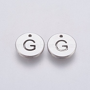 304 Stainless Steel Charms,  Flat Round with Letter, Stainless Steel Color, Letter.G, 10x1mm, Hole: 1mm(STAS-P225-104P-07)