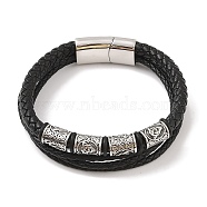 Braided Microfiber Leather Multi-strand Bracelets, 304 Stainless Steel Column Bracelets for Men, Antique Silver, 8-5/8x5/8 inch(22x1.7cm)(BJEW-B096-24AS)