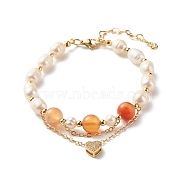 Natural Carnelian Beads Multi-strand Bracelets, with Pearl Beads, Brass Micro Pave Cubic Zirconia Pendant & Cable Chain, 7-1/4 inch(18.5cm)(X1-BJEW-TA00005)