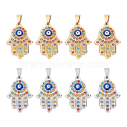 8Pcs 2 Colors 304 Stainless Steel Pendants, with Colorful Rhinestone, Iron Snap On Bails and Enamel, Hamsa Hand with Evil Eye, Golden & Stainless Steel Color, 38x25x4mm, Hole: 5x7mm, 4pcs/color(STAS-DC0002-68)