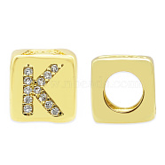 Brass Micro Pave Clear Cubic Zirconia European Beads, Cube with Letter, Letter.K, 8.5x8.5x8.5mm, Hole: 5mm, 3pcs/bag(KK-T030-LA842-KX3)