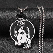 304 Stainless Steel Enamel Pendant Necklaces, Cat Shape, Stainless Steel Color, 19.37 inch(49.2cm)(NJEW-P293-05P)