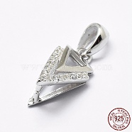 Rhodium Plated 925 Sterling Silver Micro Pave Cubic Zirconia Pendant Bails, Ice Pick & Pinch Bails, Triangle, Platinum, 13x7x8mm, Hole: 2.5x3mm, Pin: 1mm(STER-E053-33P)
