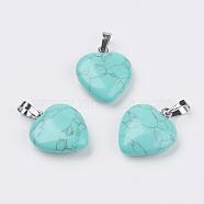 Synthetic Turquoise Pendants, Heart, with Brass Findings, Platinum, 22~23x20~20.5x6~7.5mm, Hole: 5x8mm(G-G956-B09-FF)