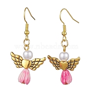 Angel Antique Golden Alloy & Resin Dangle Earrings, Imitation Pearl Acrylic Drop Earrings, Pearl Pink, 45x21.5mm(EJEW-JE05686-11)