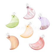 Natural Freshwater Shell Pendants, with Silver Copper Wire Finding, Moon, Mixed Color, 28.5x18.5x2mm, Hole: 3mm(PALLOY-JF01300)