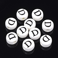 Handmade Porcelain Beads, Horizontal Hole, Flat Round with Letter, White, Letter.D, 8~8.5x4.5mm, Hole: 2mm(PORC-Q259-01D)