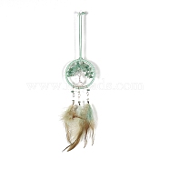 Iron & Natural Green Aventurine Woven Web/Net with Feather Pendant Decorations, Flat Round with Tree, 75mm(PW-WG44935-01)
