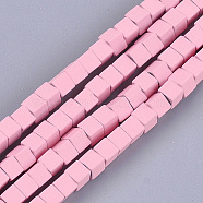 Spray Painted Non-magnetic Synthetic Hematite Beads Strands, Cube, Pink, 4x4x4mm, Hole: 0.8mm, about 94~100pcs/strand, 15.5 inch~16.3 inch(G-T116-22-05)