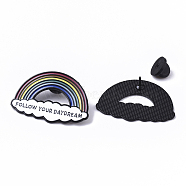 Creative Zinc Alloy Brooches, Enamel Lapel Pin, with Iron Butterfly Clutches or Rubber Clutches, Electrophoresis Black Color, Rainbow with Word Follow Your Daydream, Colorful, 26.5x39.5mm, Pin: 1mm(JEWB-Q031-078)