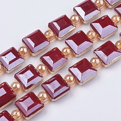 Opaque Glass Beads Strands, with Brass Findings, Pearl Luster Plated, Faceted, Square, Golden, DarkRed, 13x13x8mm, Hole: 1mm; about 10pcs/strand, 7.2inches (18.3cm)(EGLA-K013-PL-02A)