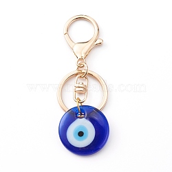 Handmade Lampwork Evil Eye Keychain, with Alloy Split Key Rings, Flat Round, Blue, Golden, 8.7cm(KEYC-JKC00237-02)