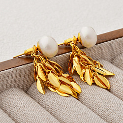 Brass Leaf Stud Earrings, with Plastic Imitation Pearl, Real 22K Gold Plated, 32x9.5mm(EJEW-A121-11G)