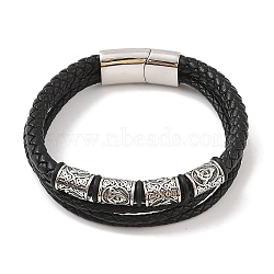 Braided Microfiber Leather Multi-strand Bracelets, 304 Stainless Steel Column Bracelets for Men, Antique Silver, 8-5/8x5/8 inch(22x1.7cm)(BJEW-B096-24AS)