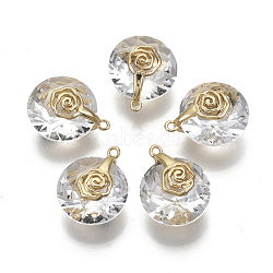 Valentine's Day Glass Pendants, with Light Gold Plated Brass Ice Pick Pinch Bails, Faceted, Flat Round with Rose & Heart, Clear, 17~18x14x10mm, Hole: 1.2mm(X-GLAA-N038-003A)