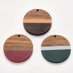 Resin & Walnut Wood Pendants, Waxed, Flat Round, Mixed Color, 32.5x3~4mm, Hole: 2mm(RESI-S384-009A-A)